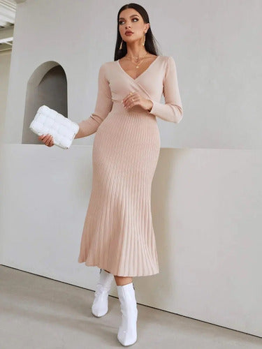Vestido De Punto Cuello Cruzado Jersey Canalé Vt 01