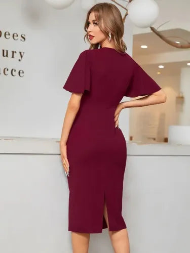 Vestido Gasa Largo Ajustado Cuello Redondo Va 498 Rojo M