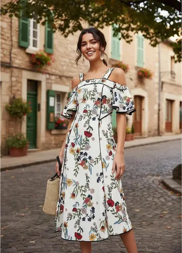 Vestido Floral Boho Hombros  Va 365 Blanco Xs