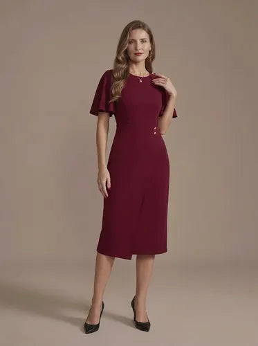Vestido midi rojo gasa ajustado manga corta de gala