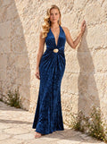 Vestido largo azul ajustado escote V de fiesta