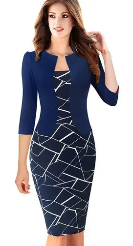 Vestido Formal Azul Coctel Oficina Manga 3/4 Va 421