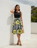Vestido midi floral negro y verde acampanado grande