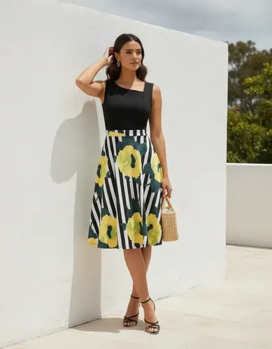 Vestido midi floral negro y verde acampanado grande