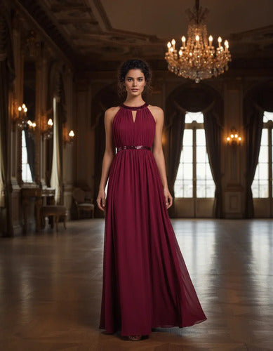 Vestido largo bordó halter de gala en gasa