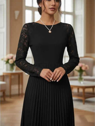 Vestido Plisado Cuello Redondo Manga De Encajes Va 499