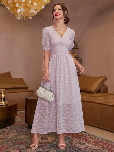 Vestido Largo Escote V Romántico  Va 571 Rosa S