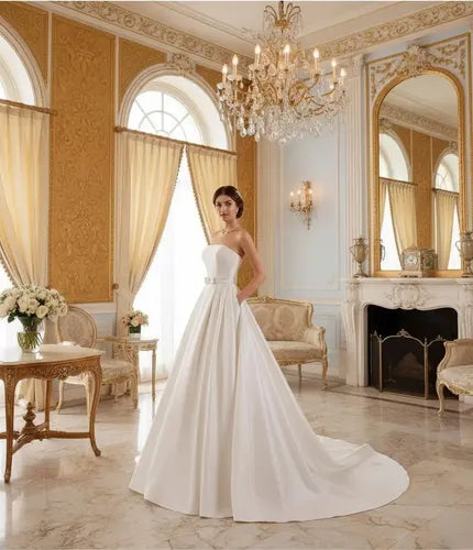 Vestido De Novia Corte A Strapless Con Bolsillos Nz 01