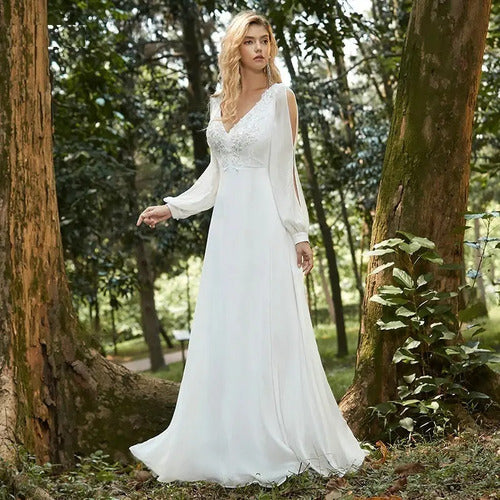 Vestido De Novia Bohemio Gasa Aplique Encaje Delpilar Np 13