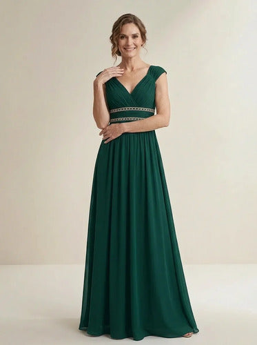 Vestido largo de fiesta verde evasé escote V en gasa