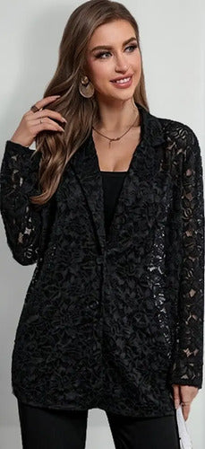 Abrigo Chaqueta Blazer Tapado Encaje Cuello Con Solapa Bb 17 Negro M