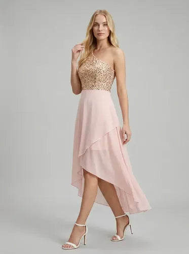 Vestido midi dorado y rosa lentejuelas strapless cóctel