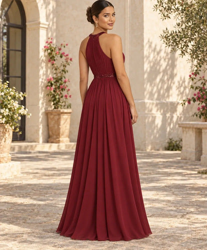 Vestido largo bordó halter de gala en gasa