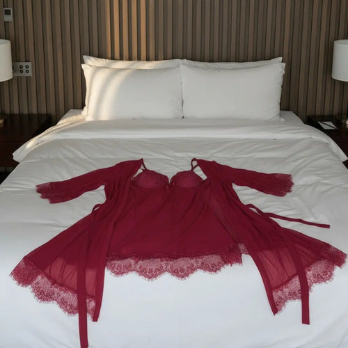 Camisón Y Bata Lencería Set De Pijama Babydolls Pj 13 Rojo Xl