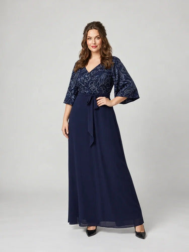 Vestido largo azul bordado escote V para fiesta