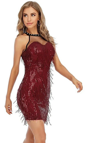 Vestido Corto Fiesta Lentejuelas Burdeo Vl 39
