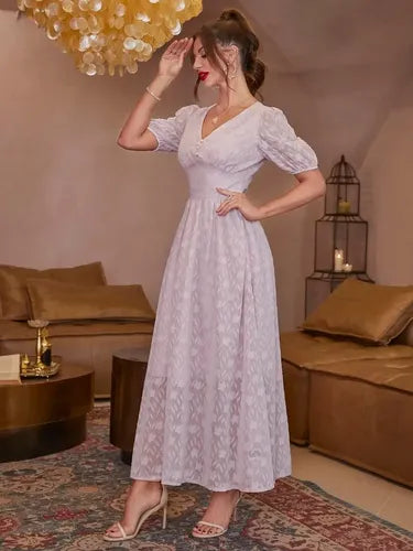 Vestido Largo Escote V Romántico  Va 571 Rosa S