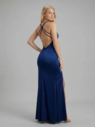 Vestido largo multicolor sirena escote V satén