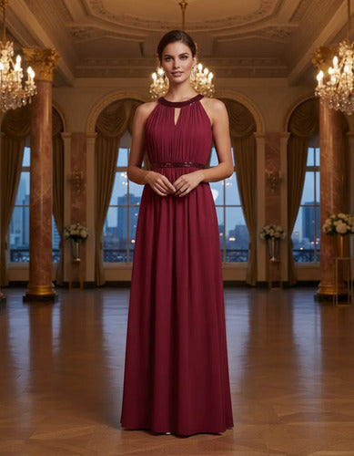 Vestido largo bordó halter de gala en gasa