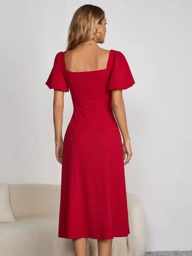 Vestido Ajustado Largo Vintage Manga Farol  Va 496 Rojo S
