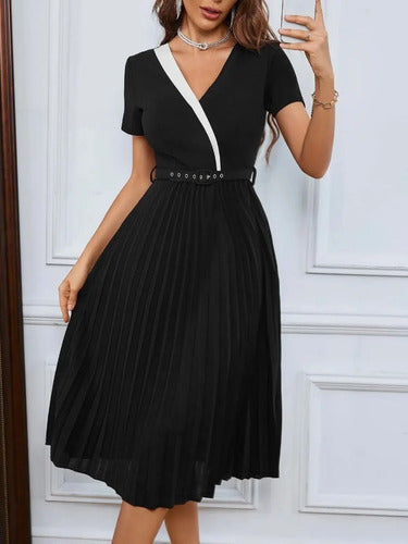 Vestido Plisado Fiesta Manga Corta Cintura Alta