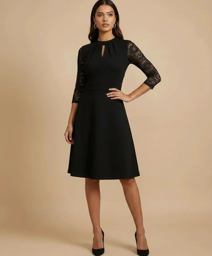 Vestido midi negro retro con manga de encaje y vuelo