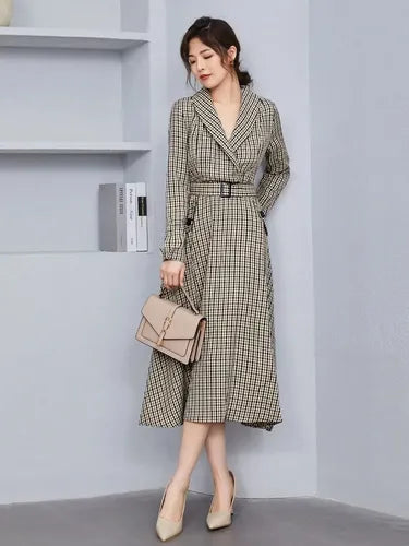 Vestido Manga Larga Campana Cuello Esmoquin Cinturón Va 565 Marrón Cuadritos L