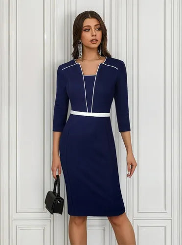 Vestido Ajustado Oficina Cóctel Mangas Va 584 Azul L