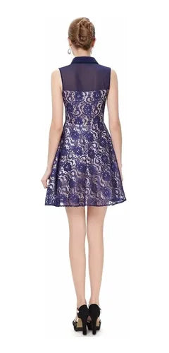 Vestido Encaje Forrado Ep 45c Azul Acero 6