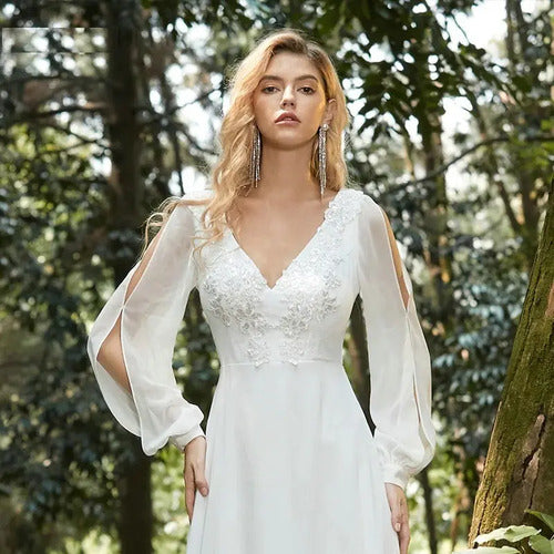 Vestido De Novia Bohemio Gasa Aplique Encaje Delpilar Np 13