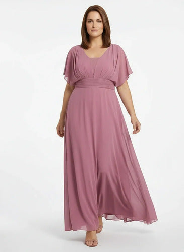 Vestido largo de fiesta evasé en gasa con manga corta