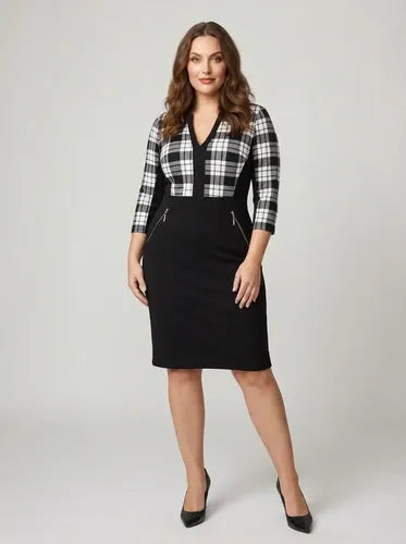 Vestido corto negro ajustado, manga 3/4 y escote V