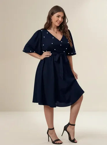 Vestido Fiesta Talla Grande Gasa Con Perlas Manga Vg 100