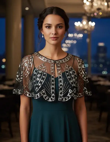 Bolero Fiesta Chal  Lentejuelas Capa De Fiesta Accesorio P 04 Negro-plateado Única