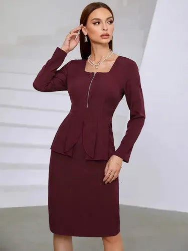 Vestido Peplum Delgado Cuello Cuadrado Sin Cinturón Va 507 Bordó Xl