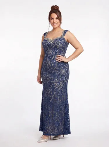 Vestido largo azul de encaje corte sirena talla grande