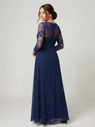 Vestido largo de fiesta evasé en gasa con manga larga