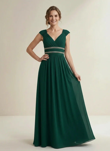 Vestido largo de fiesta verde evasé escote V en gasa