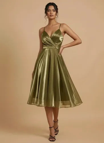 Vestido corto negro y verde organdí línea A