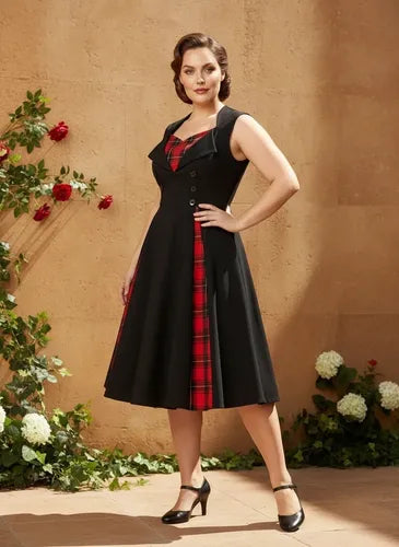 Vestido corto bordó y negro pin up años 50 evasé