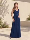 Vestido largo azul gasa escote V corte princesa