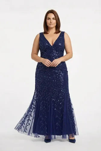 Vestido largo de fiesta corte sirena en tul y lentejuelas