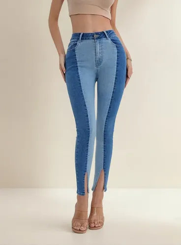 Jeans azul bicolor pitillo elasticado de tiro alto