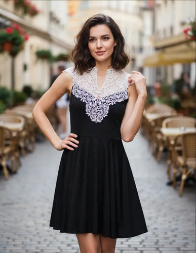 Vestido Negro Encaje Blanco Va 67 Negro L