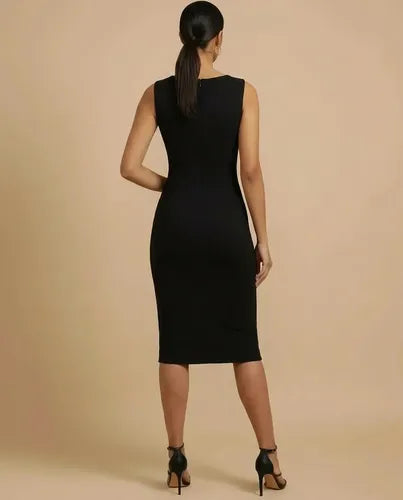 Vestido midi azul y blanco tubo cuello cubierto oficina