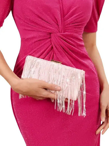 Cartera clutch rosa con brillos y cadena, para fiesta