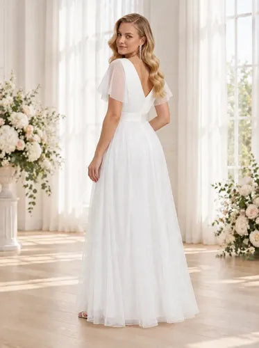 Vestido largo de novia blanco con mangas de tul