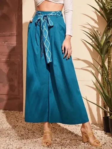 Pantalón Mujer Pierna Ancha Talle Alto Con Cinturón Pt 03 Verde S