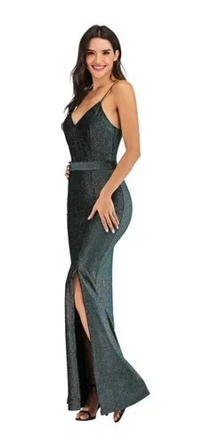 Vestidos Fiesta Largo Bodycon Sin Espalda Brillo Tajo Va 408