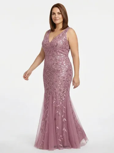 Vestido largo de fiesta corte sirena en tul y lentejuelas